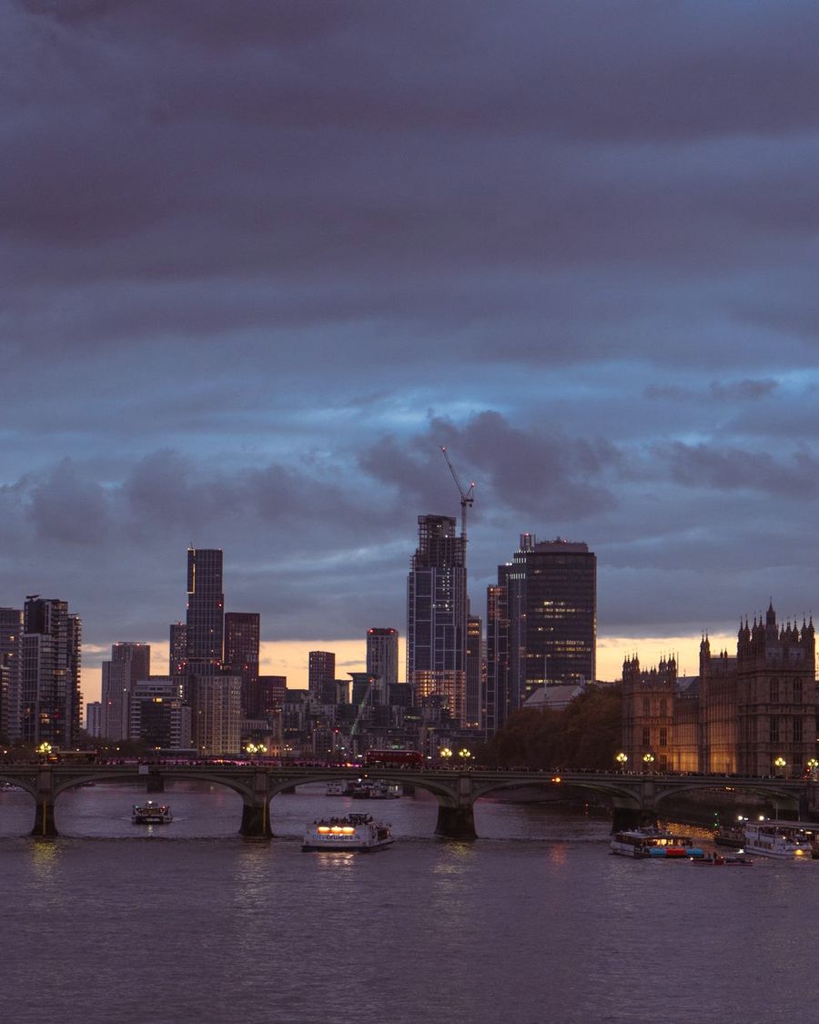 The City of London skyline at dusk, seen across the Thames